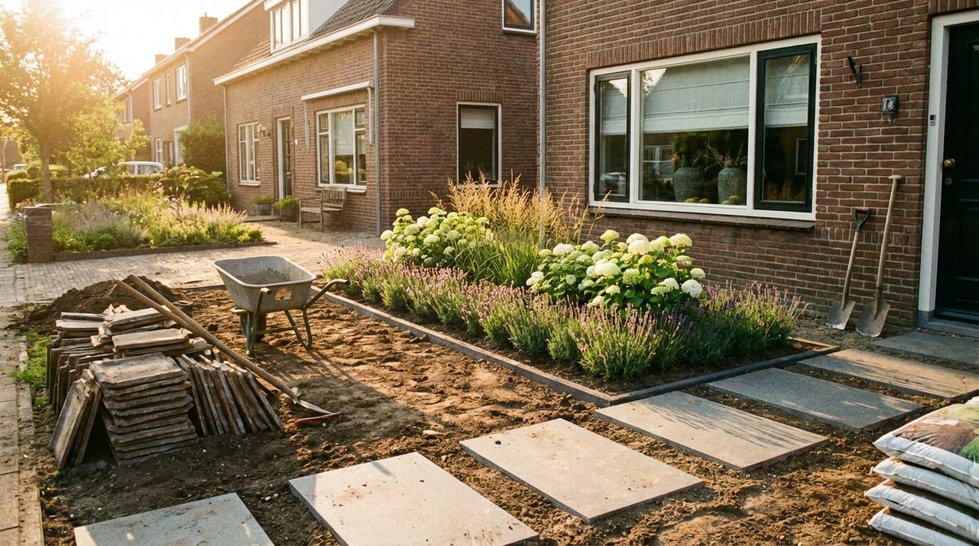 Landschapstuin Bloemendaal met houten overkapping en borders