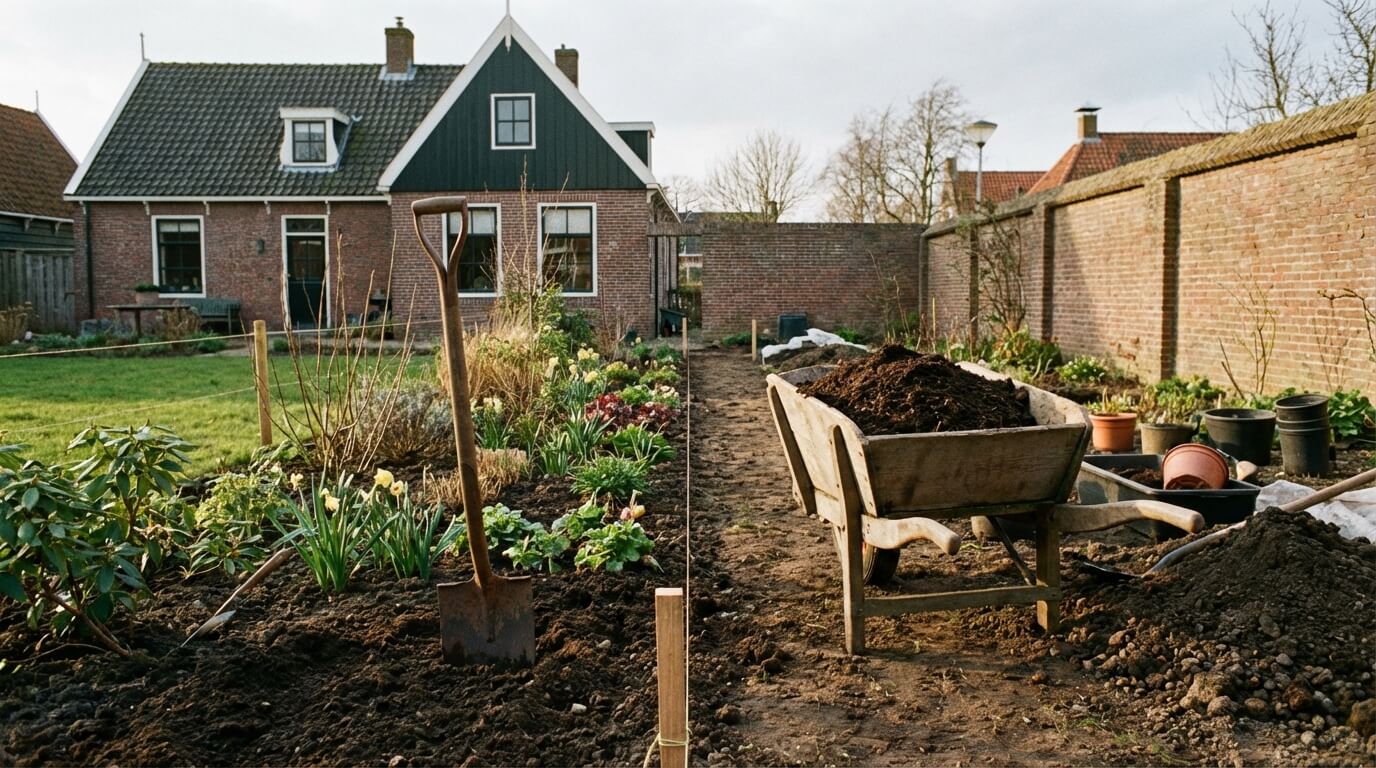 GroenMeester hovenier team aan het werk in een groene tuin in Amsterdam bij zonsondergang